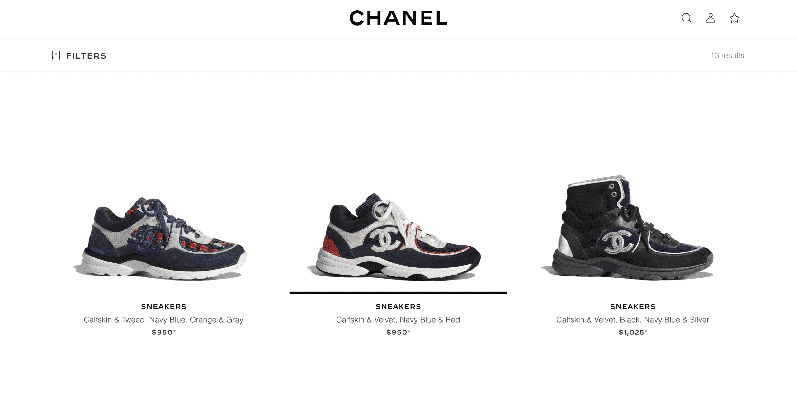 Chanel website featuring luxury sports shoes