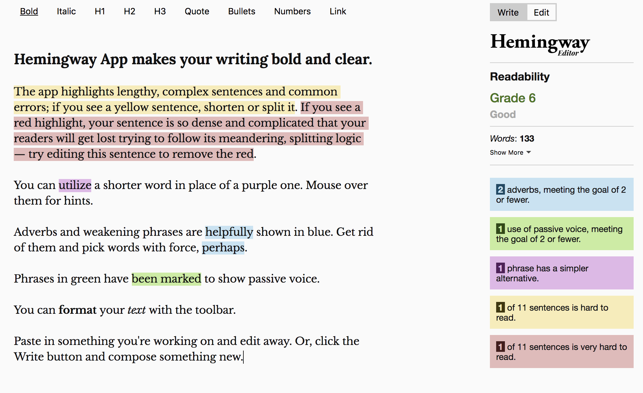 Hemingway App example