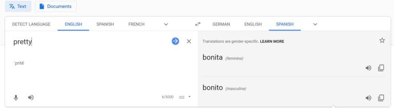 Google translation showing both feminine and masculine form of the Spanish translation of the word "pretty"