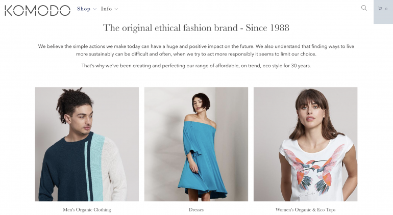 Home page of ethical clothing brand Komodo