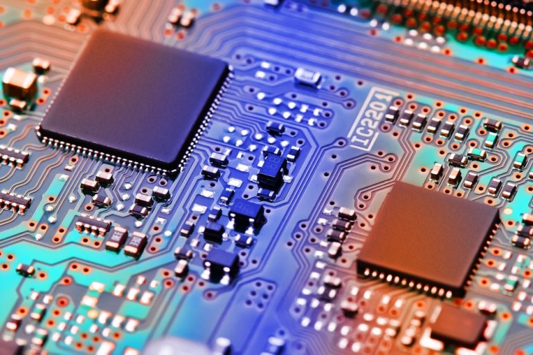 Electronic circuit board close up.